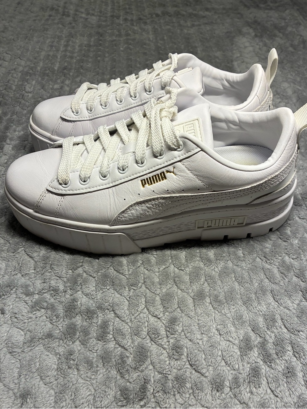 Puma White Platform Sneakers with Gold Logo Accent